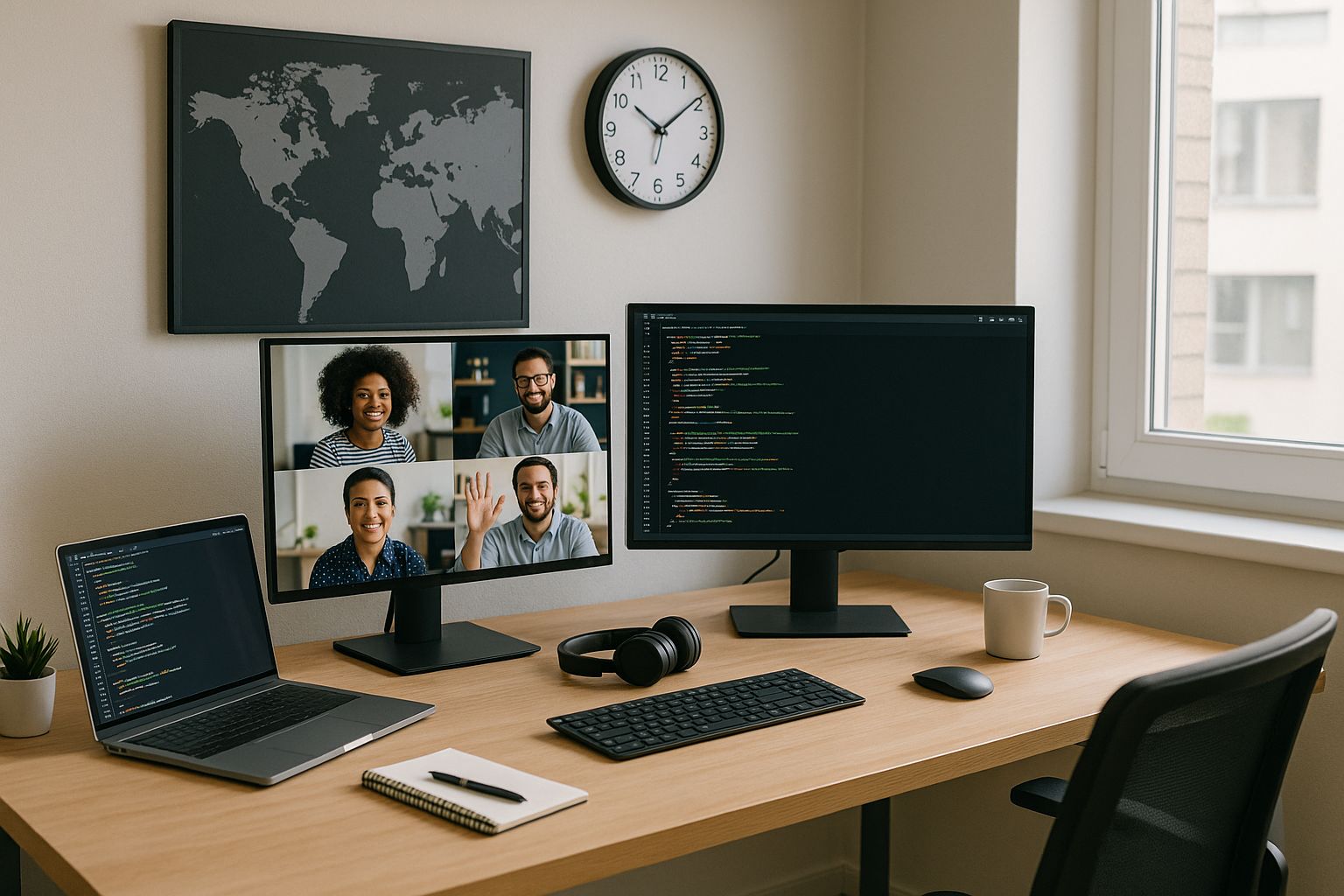 Remote work setup with multiple monitors and video call